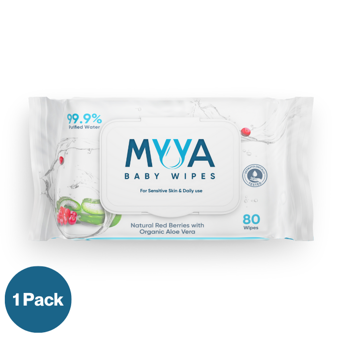 Myya Baby Wipes infused with Organic Aloe Vera and 5 Red Berry Complex (80 Wipes) 1 Pack