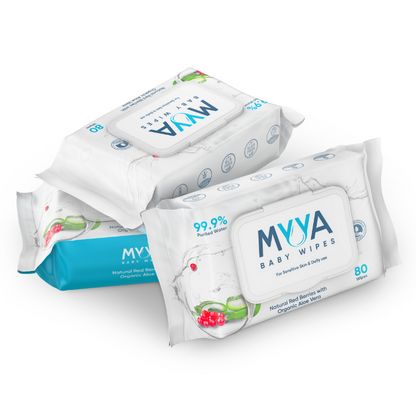 Myya Baby Wipes infused with Organic Aloe Vera and 5 Red Berry Complex (80 Wipes) Loose 3 Packs