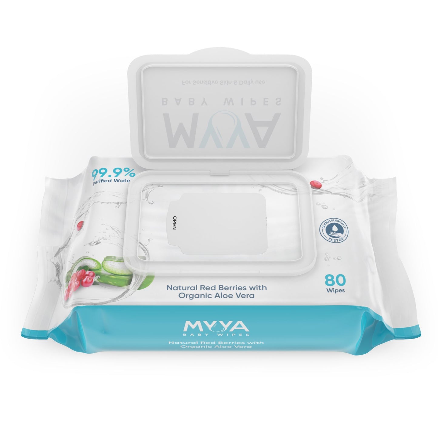 Myya Organic Baby Wipes made with 99.9% Purified Water with a hint of Organic Aloe Vera and Natural Red Berries extract