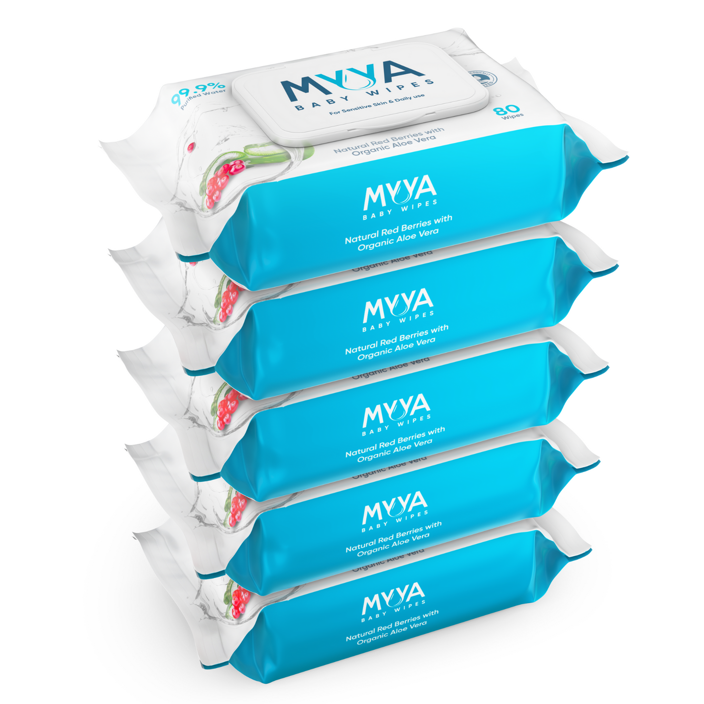Myya Baby Wipes 5 Pack. Myya means water in the oriental countries. 99.9% purified with a hint of druit extracts