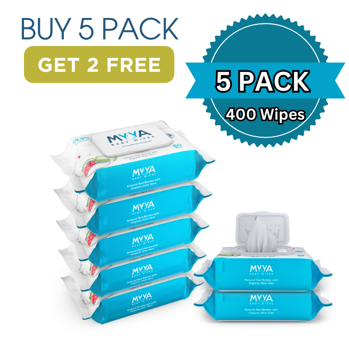 Myya Baby Wipes - 5 Pack of 80 Wipes. Total wipe count 400, Buy 5 Packs and get 2 packs for free!